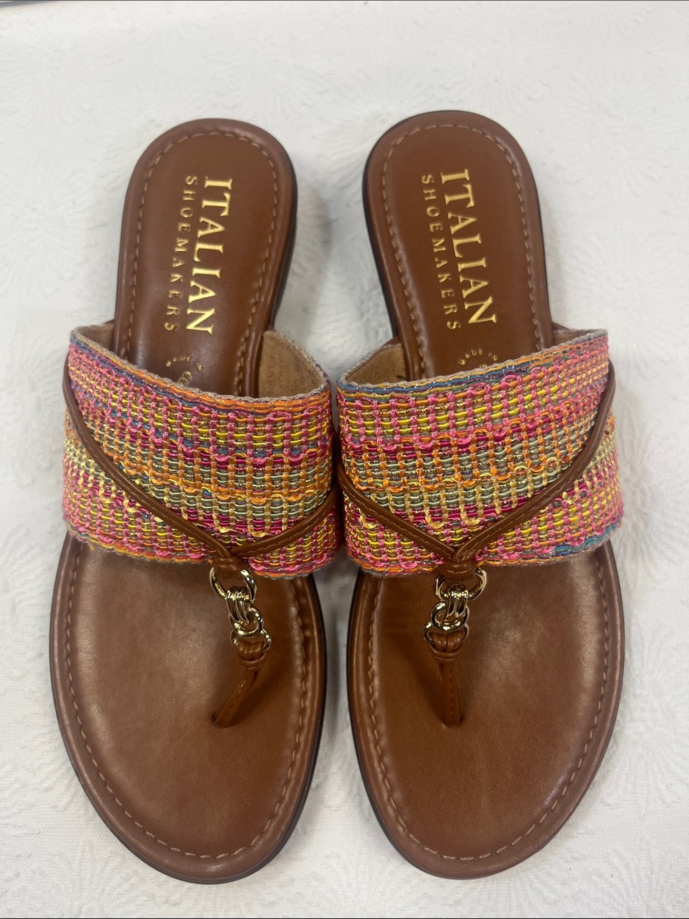 Italian Shoemakers Brown Leather Thong Sandals with Multicolor Woven Strap